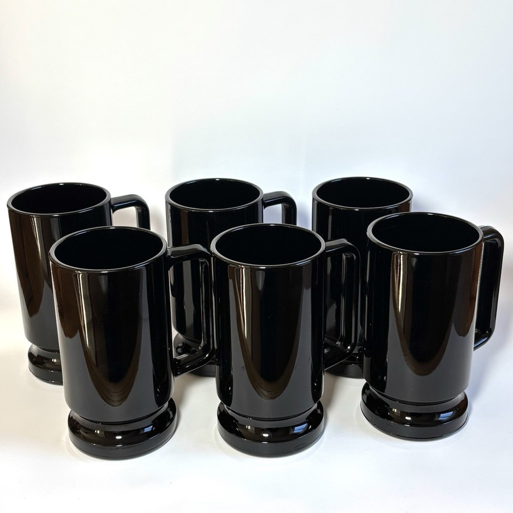 Black Glass Mugs Cups Indiana Glass Cylinder Handle Beer Stein Coffee Set of 6